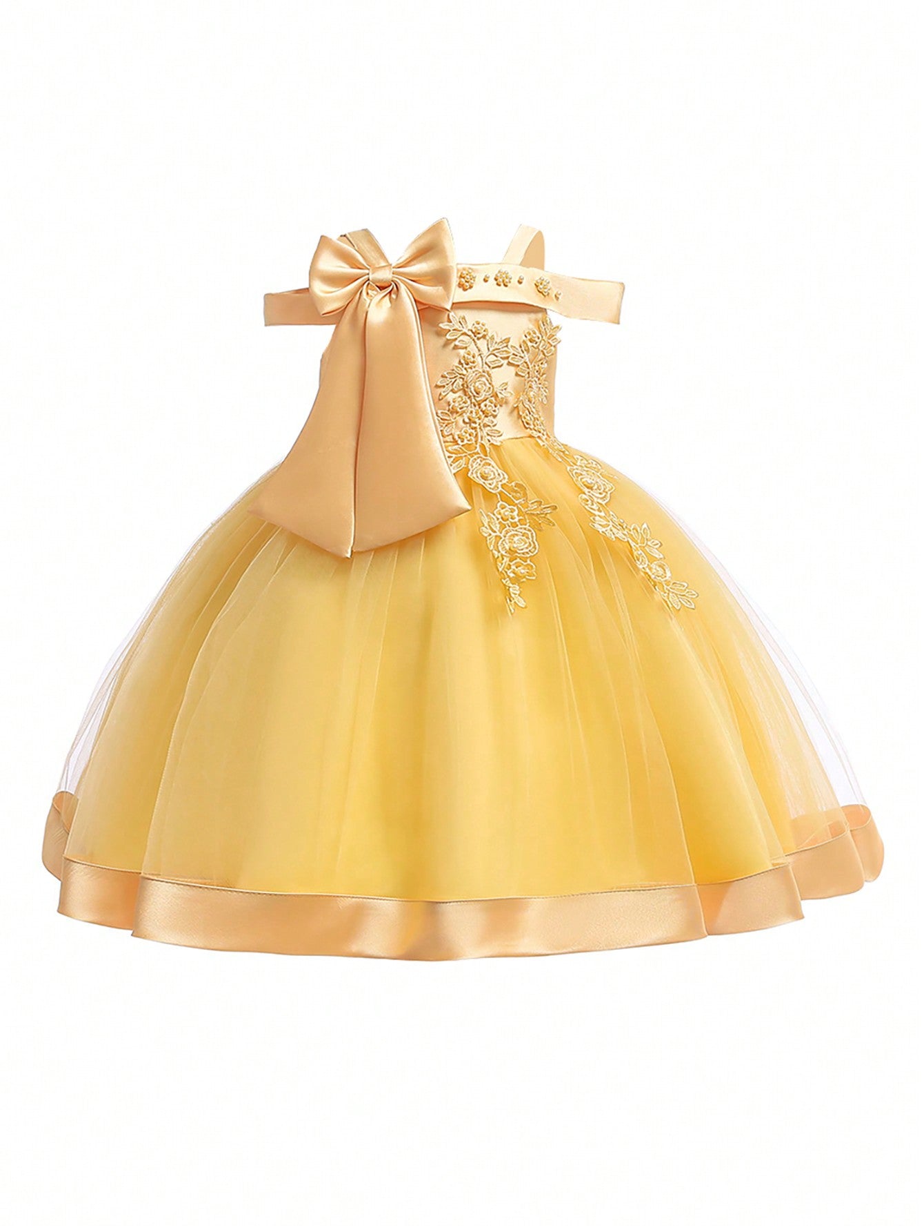Young Girl Solid Color Organza Splicing Satin Bow Decoration Off-Shoulder Fluffy Dress, Elegant And Gorgeous Dress For Birthday Party