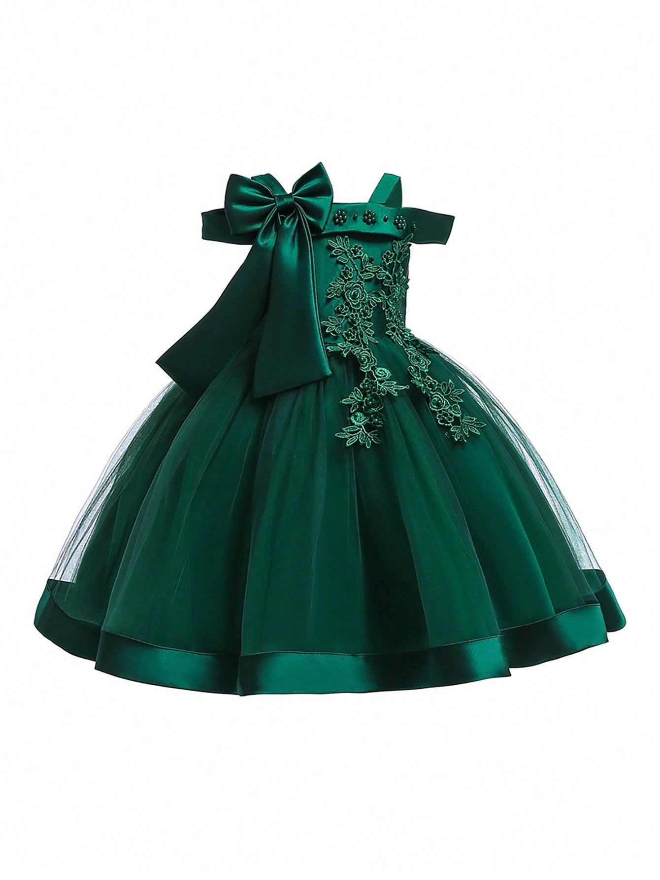 Young Girl Solid Color Organza Splicing Satin Bow Decoration Off-Shoulder Fluffy Dress, Elegant And Gorgeous Dress For Birthday Party