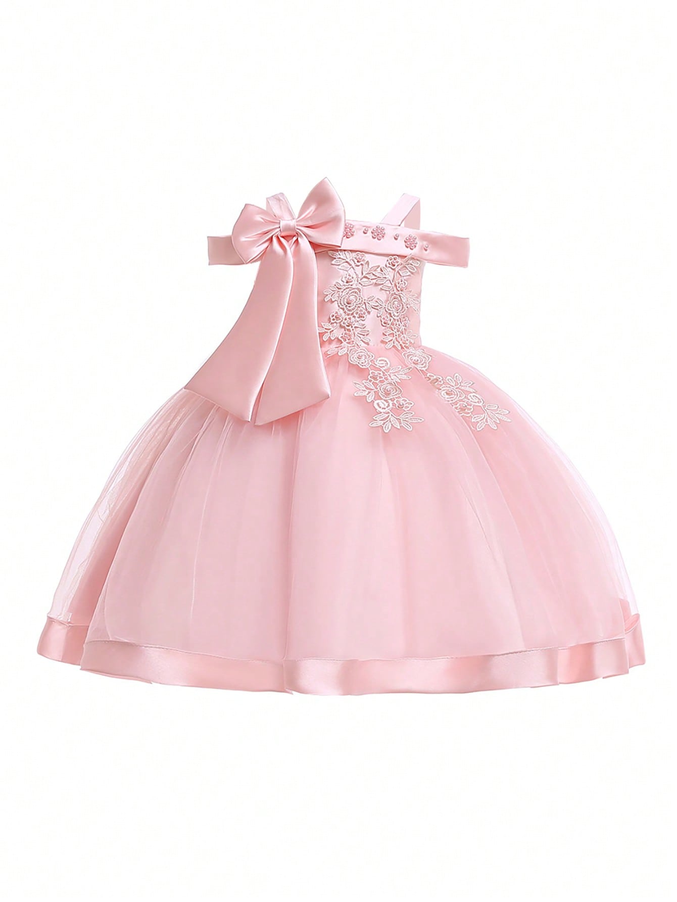 Young Girl Solid Color Organza Splicing Satin Bow Decoration Off-Shoulder Fluffy Dress, Elegant And Gorgeous Dress For Birthday Party