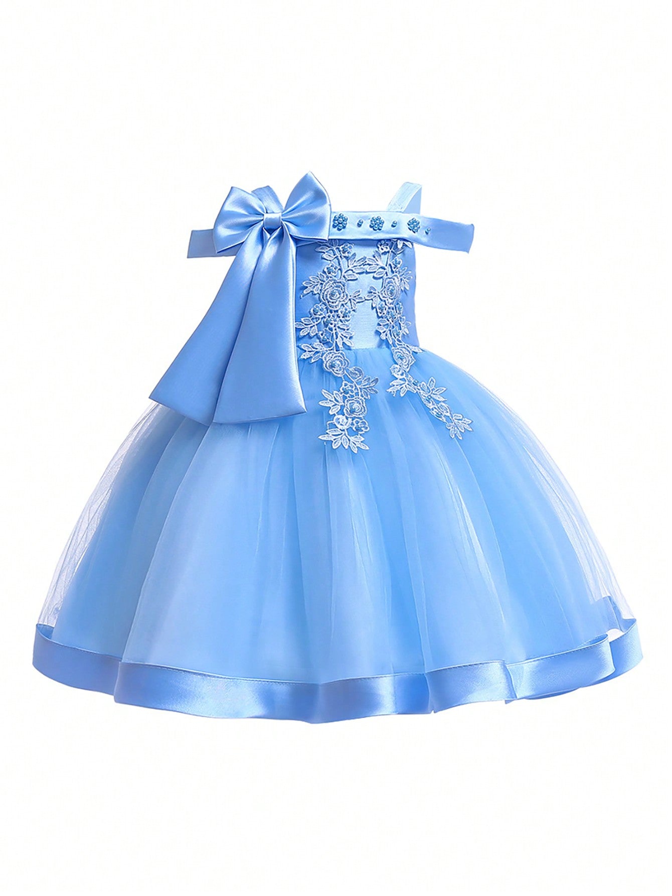 Young Girl Solid Color Organza Splicing Satin Bow Decoration Off-Shoulder Fluffy Dress, Elegant And Gorgeous Dress For Birthday Party