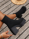 Women's Casual Knitted Slip-On Thick Heel Platform Fashion Boots