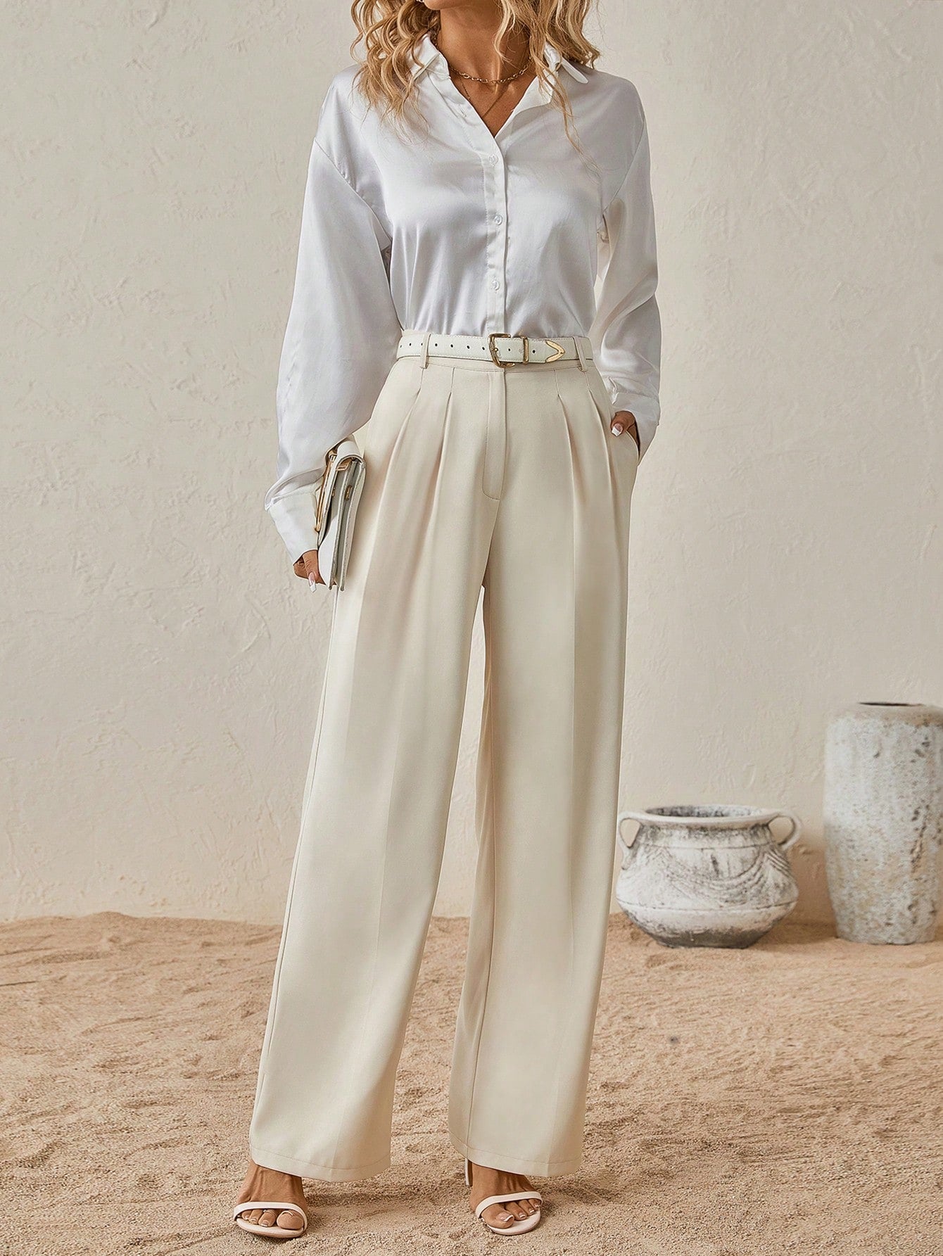 Solid Slant Pocket Wide Leg Suit Pants