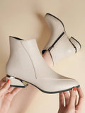 Women's Pointed Toe Metallic Shiny Block Heel Beige Side Zipper Short Shaft  Boots