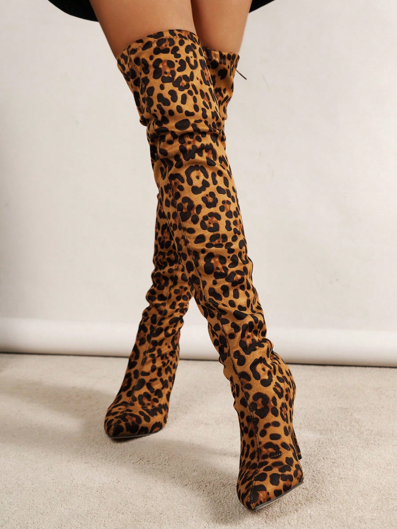 Black Friday Festival Fairy Style Knee-high Boots For Women, 2022 Autumn & Winter New Arrival, Leopard Print Sexy Fashionable Chunky Heel Long Boots