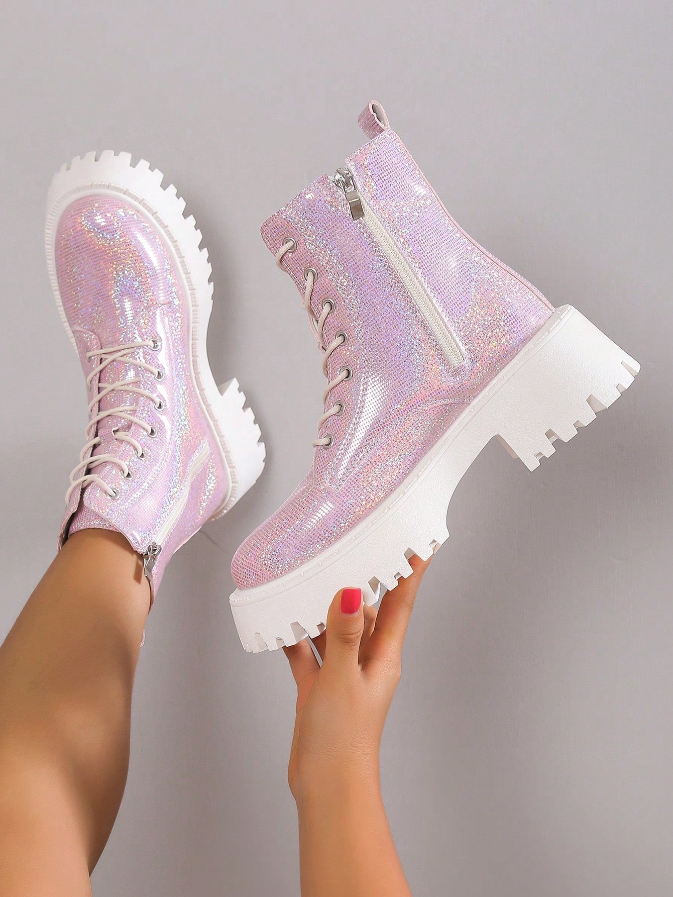 European Minimalist Chic Chunky Heeled Short Boots, Sparkling Pink Motorcycle  Ankle Boots For Fall/Winter