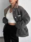 Letter Patched Detail Drop Shoulder Teddy Lined Denim Jacket