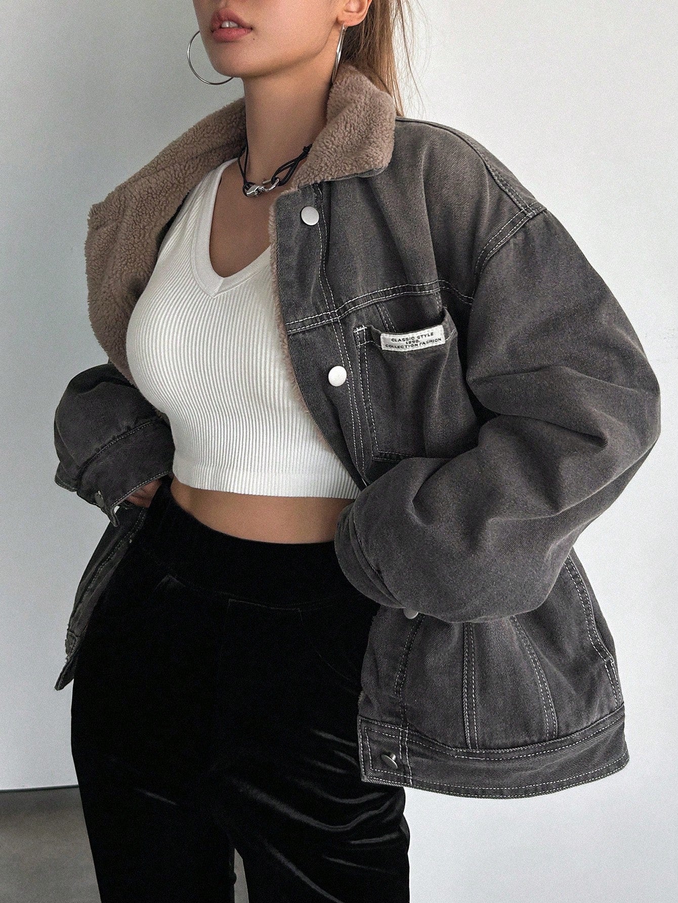 Letter Patched Detail Drop Shoulder Teddy Lined Denim Jacket