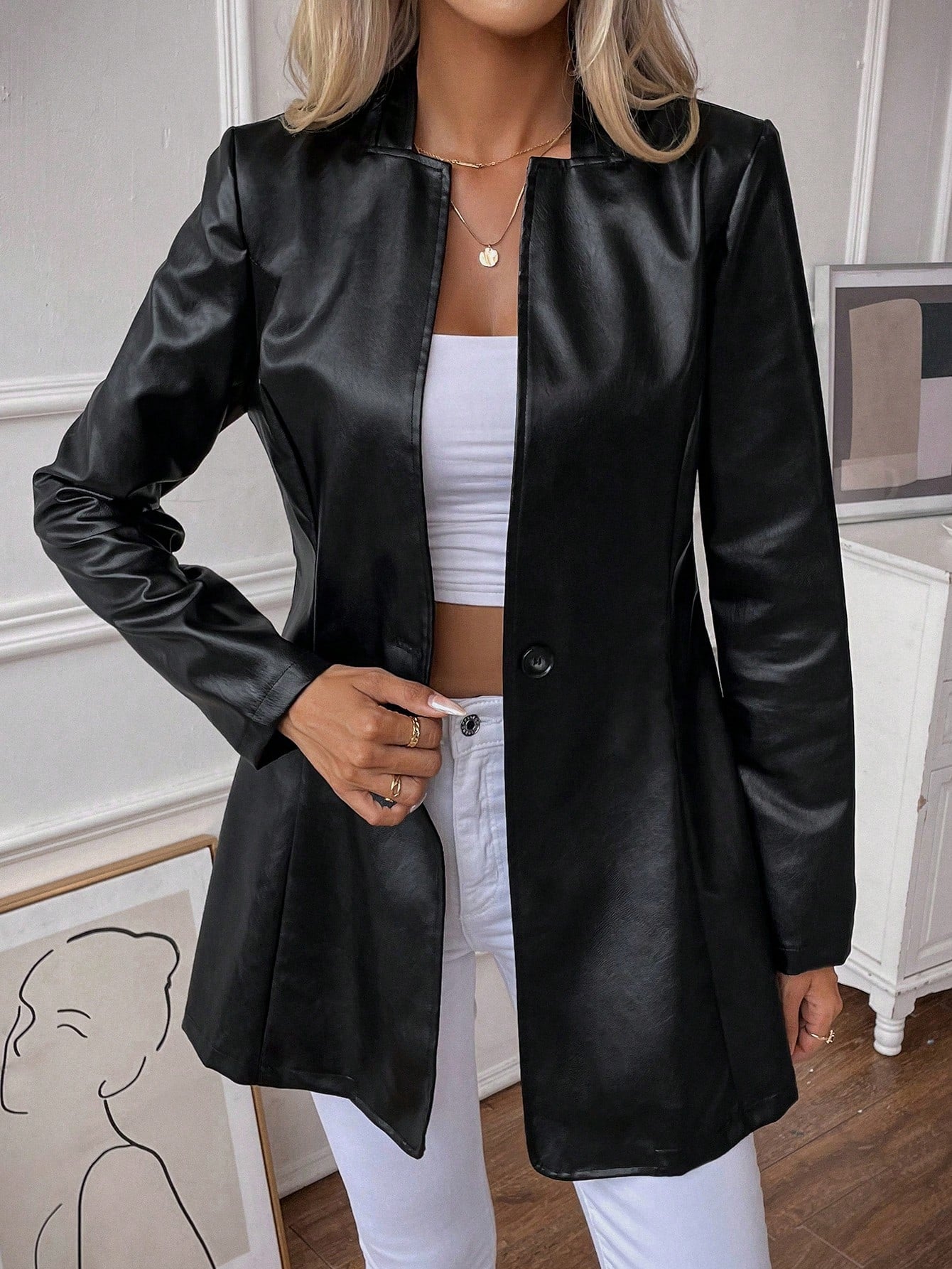 Solid PU Leather Open Front Coat