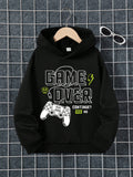 Tween Boy Long Sleeve Solid Color Hoodie With Slogan Print, Suitable For Autumn And Winter