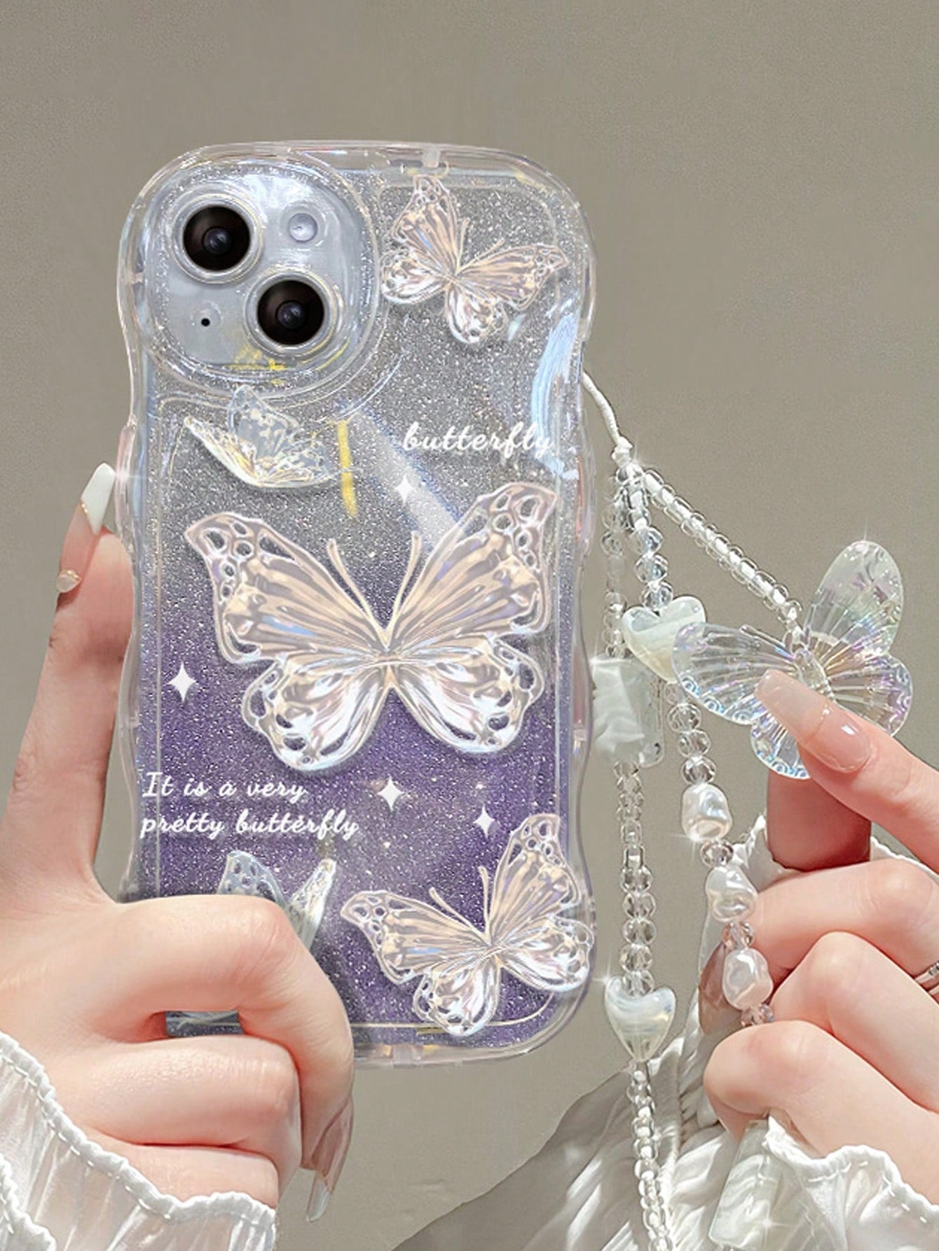 With Phone Charm 1pc Pink Transparent Teddy Bear + Gradient Glitter Card + Dreamy Pink Silicon Bracelet Phone Case Compatible With Iphone Kawaii