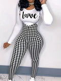Letter Graphic Tee & Houndstooth Print Suspender Jumpsuit