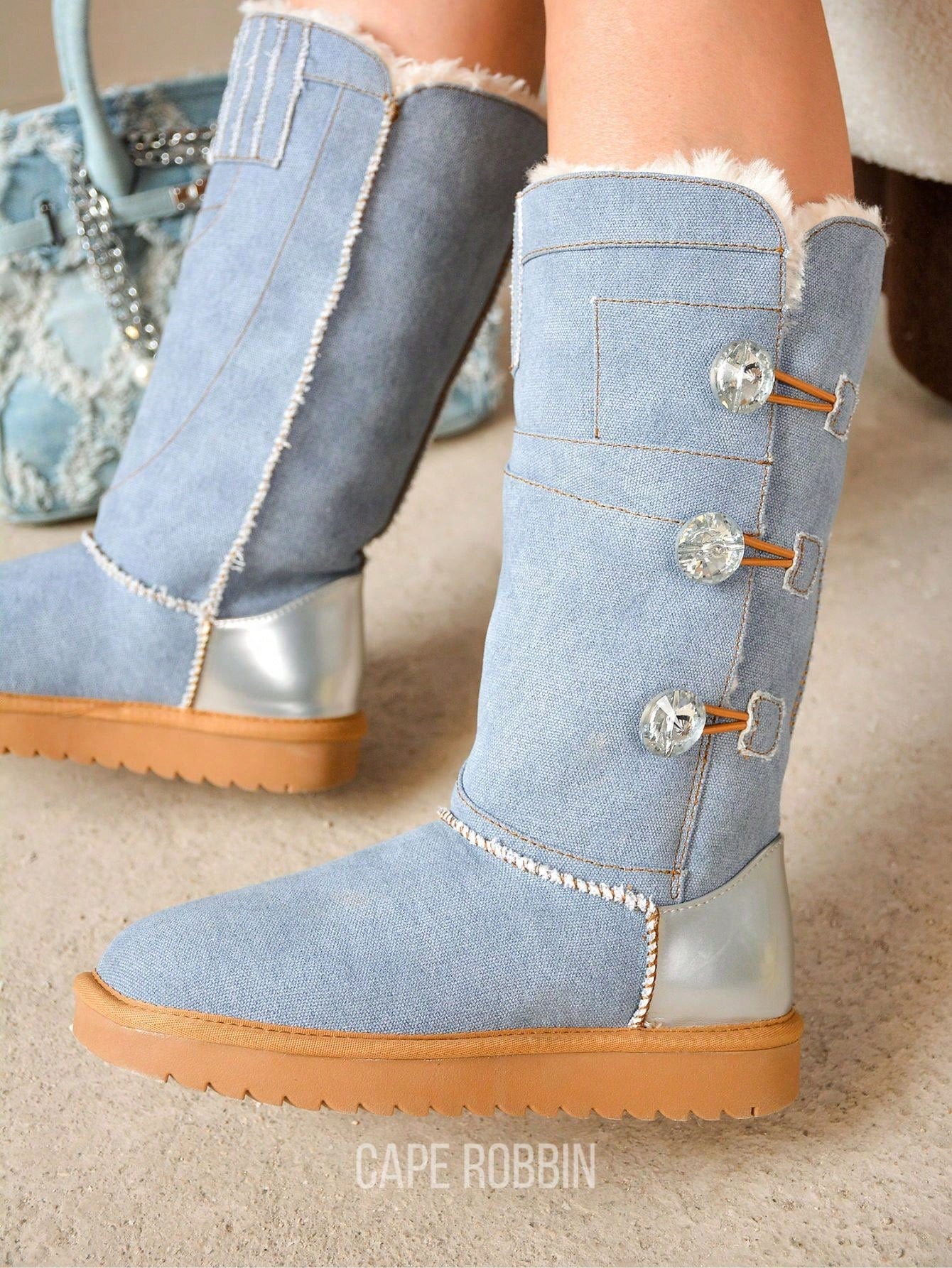 Denisol Fur-Lined Denim Booties w/ Lug Sole