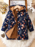 Young Girl Floral Print Thermal Lined Hooded Coat