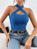 Crisscross Halter Neck Ribbed Knit Top