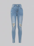Tween Girl All-Match Slim Fit Stretchy Distressed Washed Denim Pants, Elegant And Simple