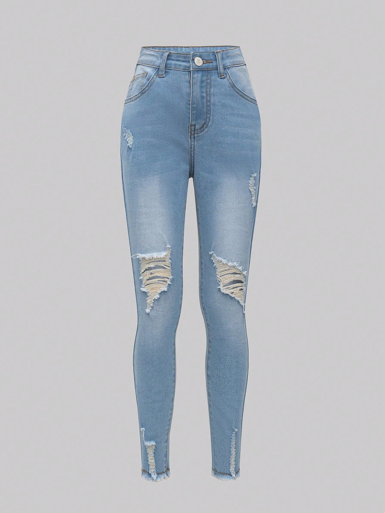 Tween Girl All-Match Slim Fit Stretchy Distressed Washed Denim Pants, Elegant And Simple