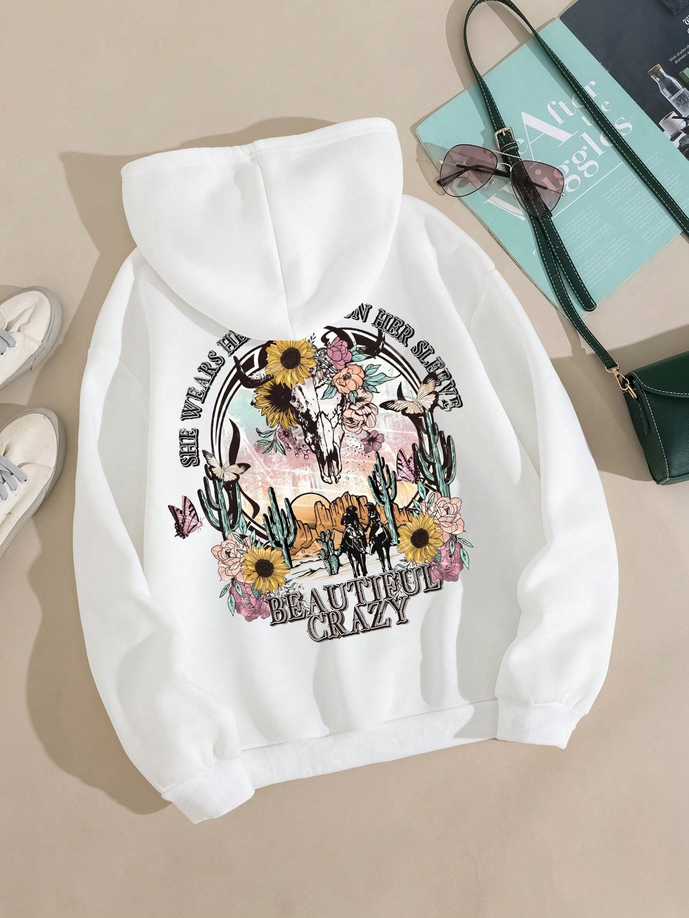 Floral & Slogan Graphic Drawstring Thermal Lined Hoodie