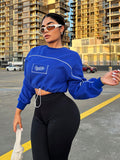 Letter Pattern Contrasting Piping Drawstring Hem Drop Shoulder Short Thermal Lined Sweatshirt