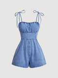 Tie Shoulder Ruched Bust Cami Denim Romper