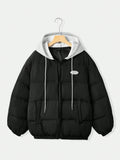 Plus Letter Patched Drop Shoulder Drawstring Hooded Puffer Coat
