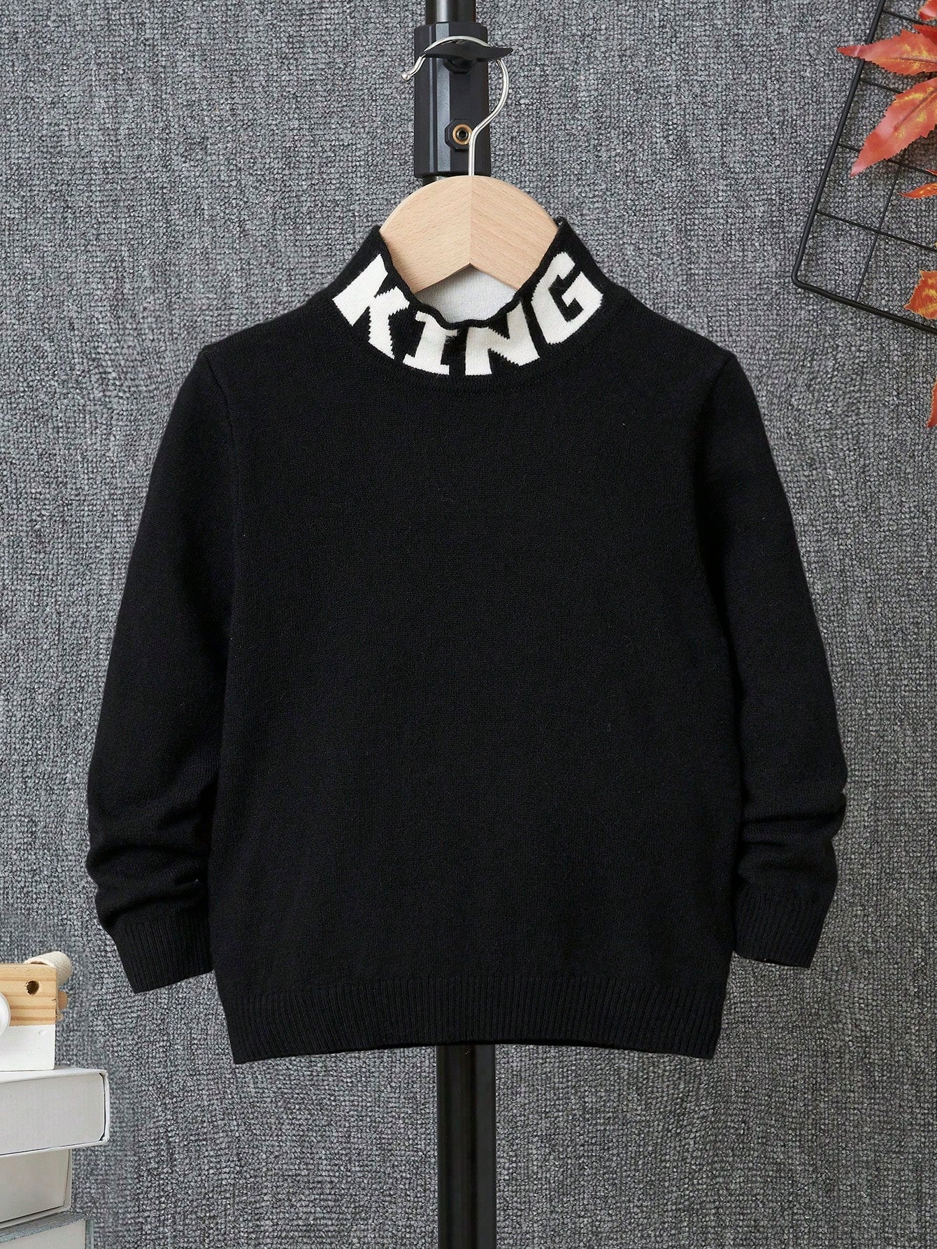 Young Boy Letter Pattern Mock Neck Sweater