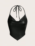 Draped Front Tie Backless Halter Top-Black Faux Leather