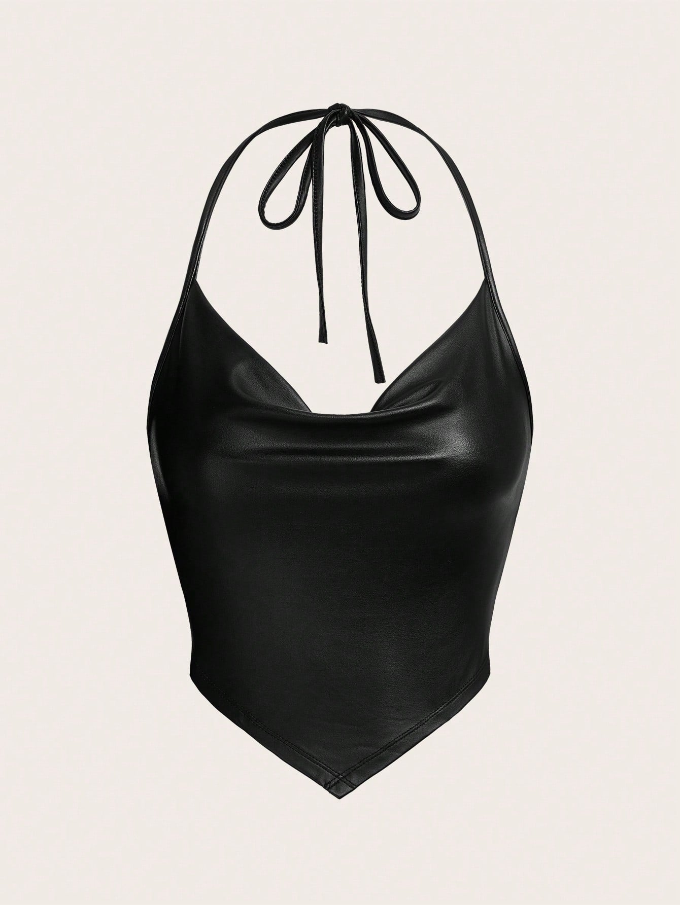 Draped Front Tie Backless Halter Top-Black Faux Leather