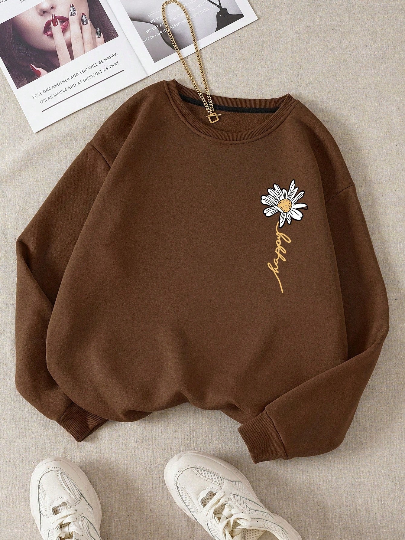 Letter & Floral Print Thermal Pullover