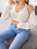Plus Drop Shoulder Duster Cardigan & Crop Halter Knit Top