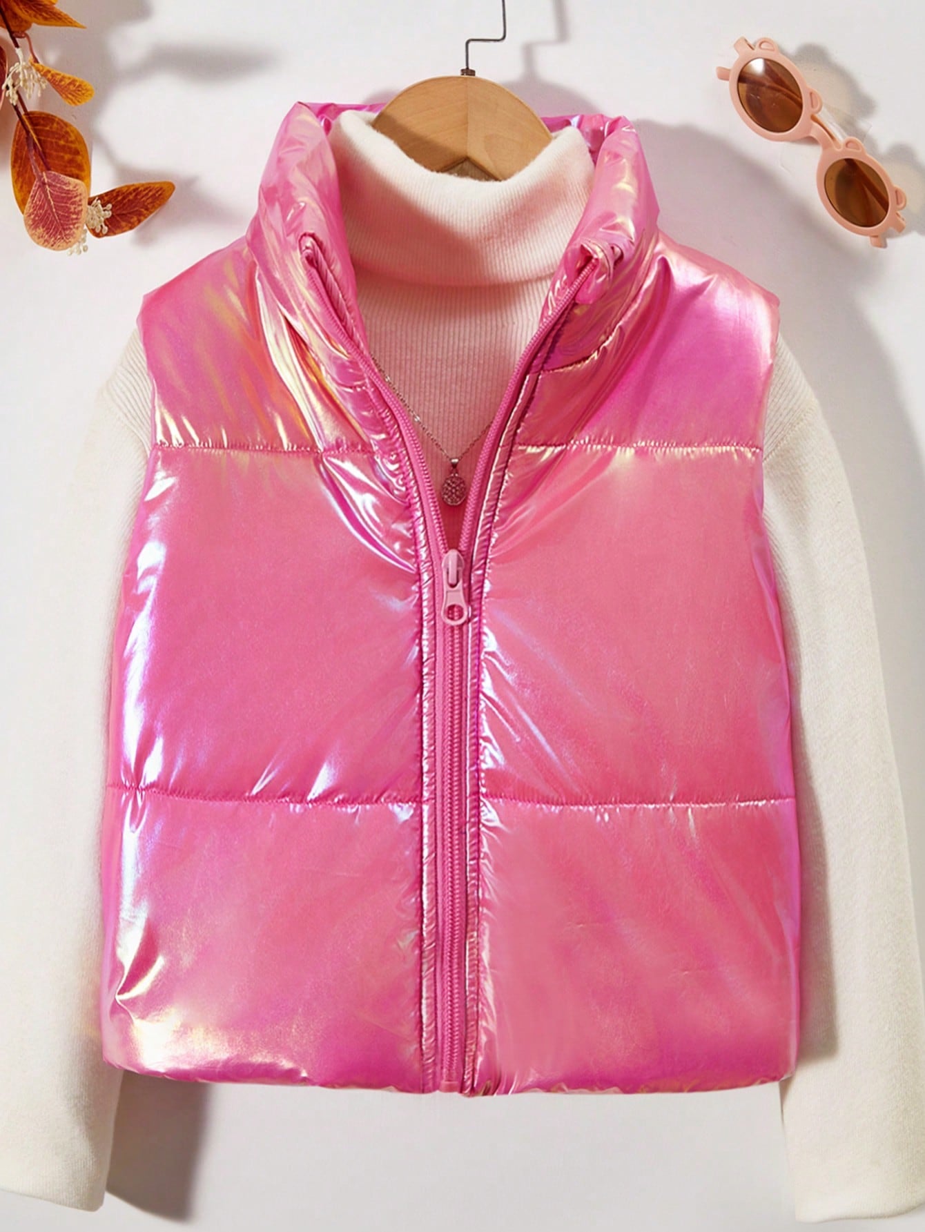 Tween Girl Holographic Zip Up Vest Puffer Coat Without Sweater
