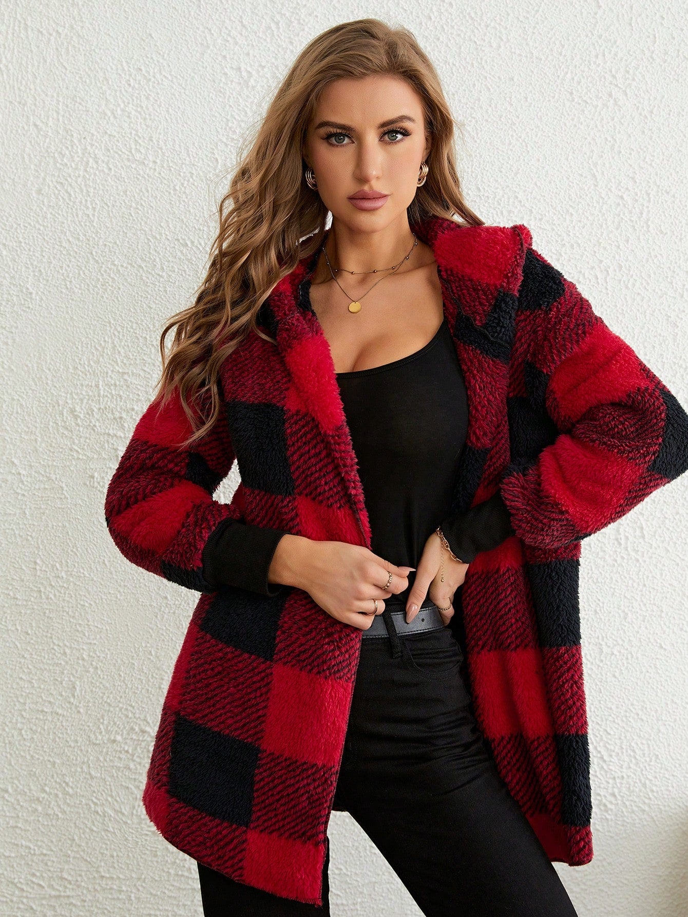 Buffalo Plaid Pattern Hooded Teddy Coat