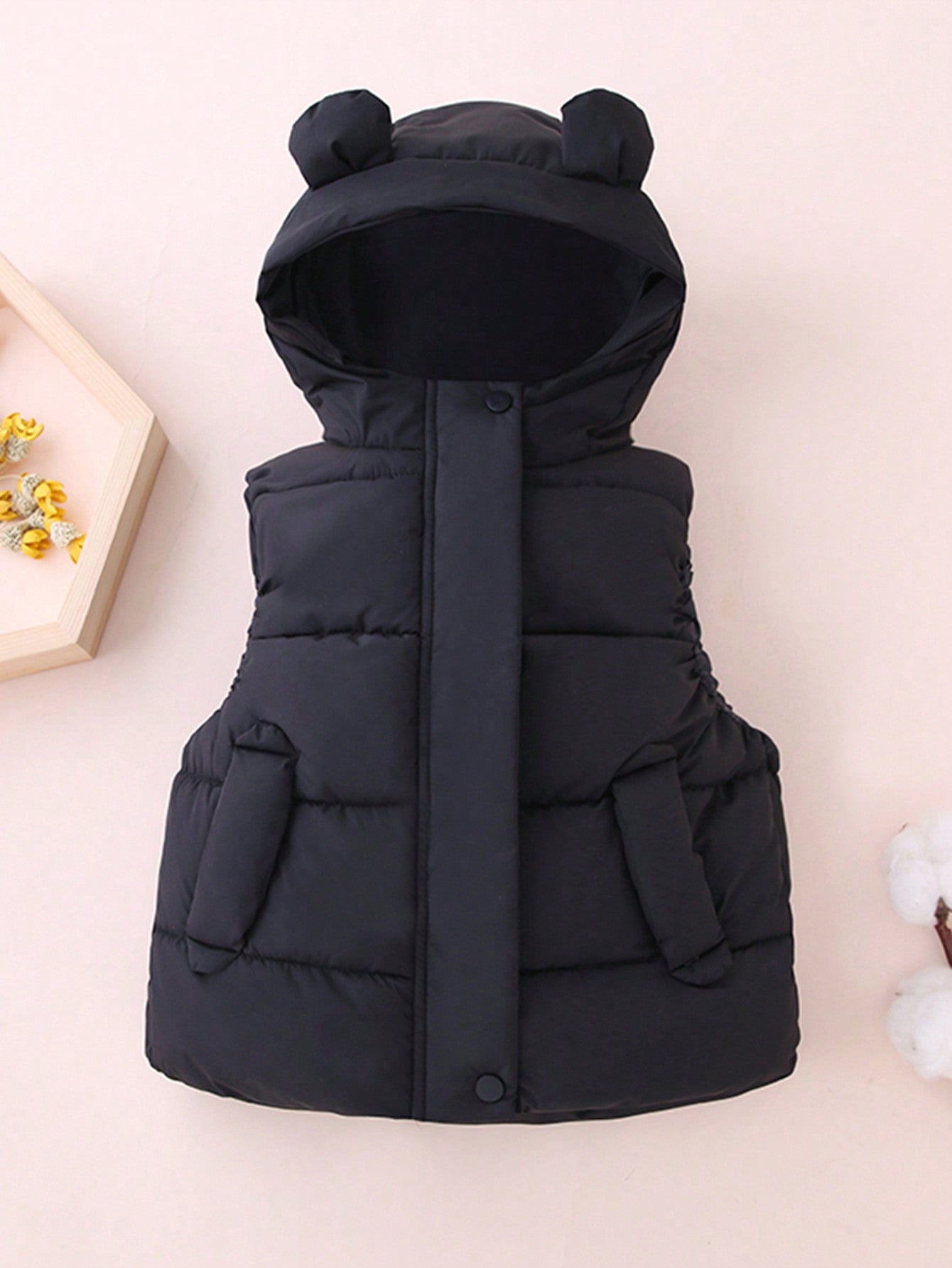 Young Girl Solid 3D Ear Design Hooded Vest Puffer Coat