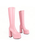 ISNOM Stacked Platform Knee High Boots For Women With High Chunky Heel, Gogo Boots For Women With Square Toe Side Zipper Stretch Boot