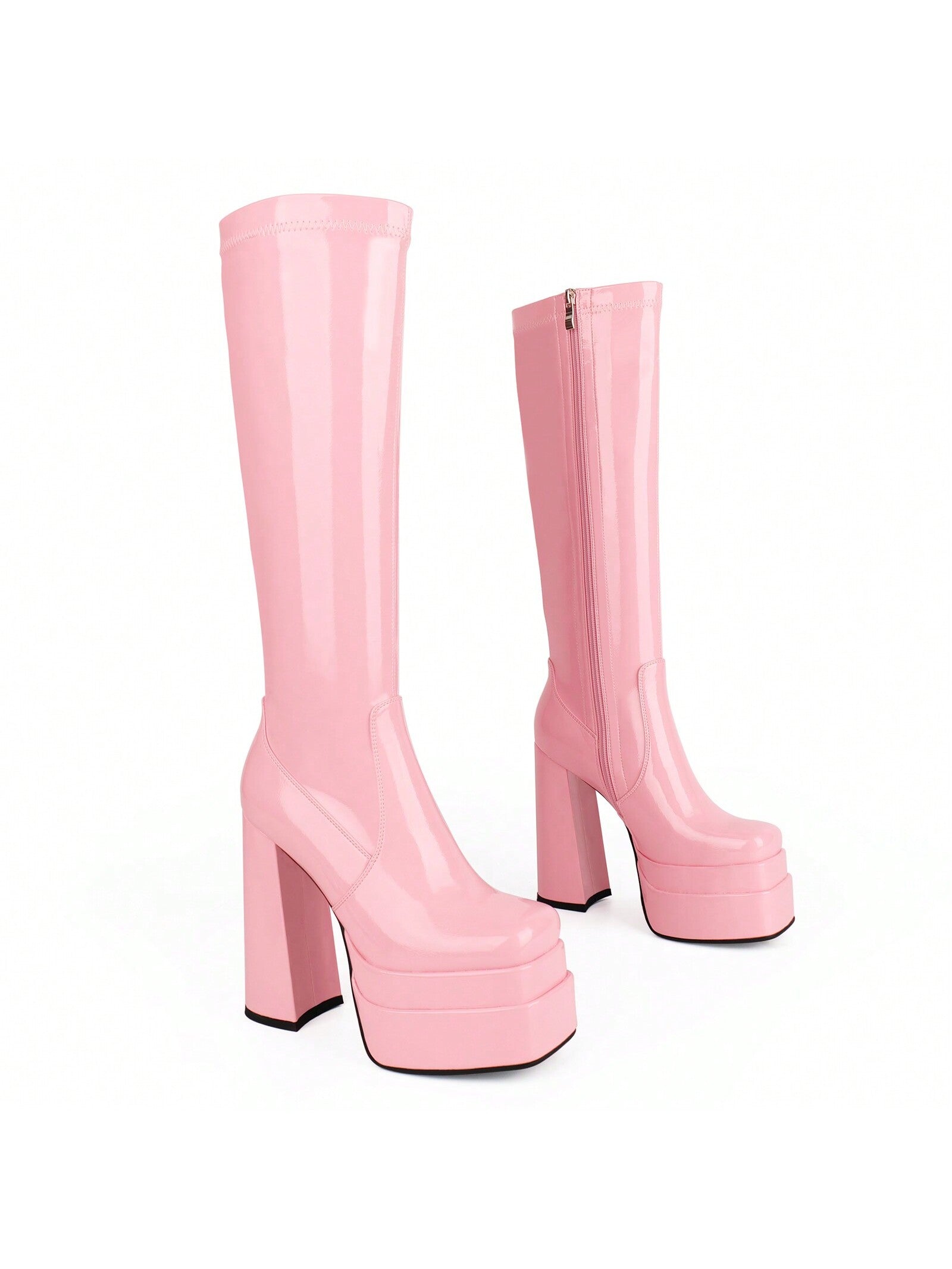 ISNOM Stacked Platform Knee High Boots For Women With High Chunky Heel, Gogo Boots For Women With Square Toe Side Zipper Stretch Boot