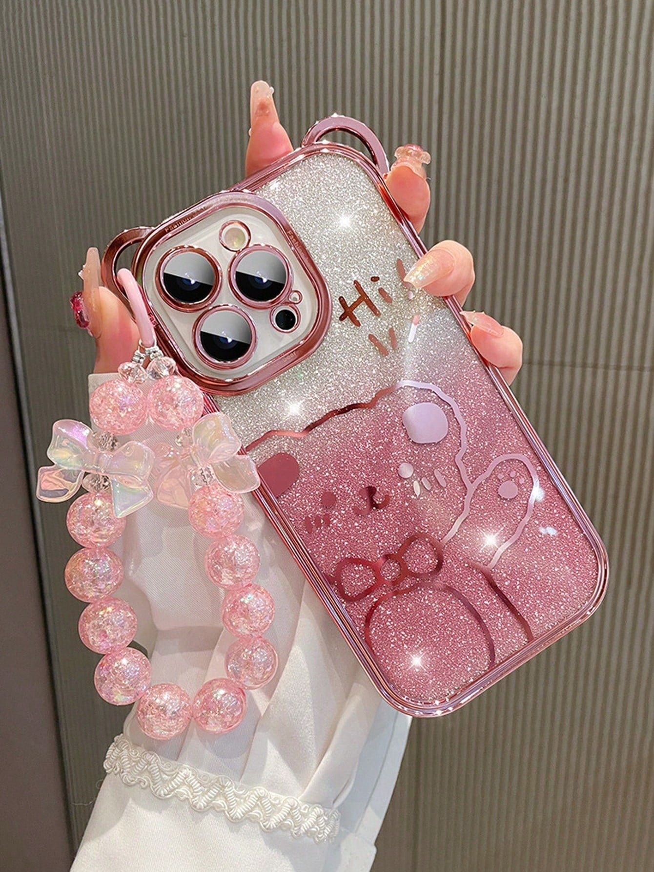 With Phone Charm 1pc Pink Transparent Teddy Bear + Gradient Glitter Card + Dreamy Pink Silicon Bracelet Phone Case Compatible With Iphone Kawaii
