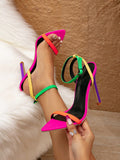 Women's Stylish Pointed Toe High Heel Sandals With Ankle Strap And Multi-color Patchwork For Party