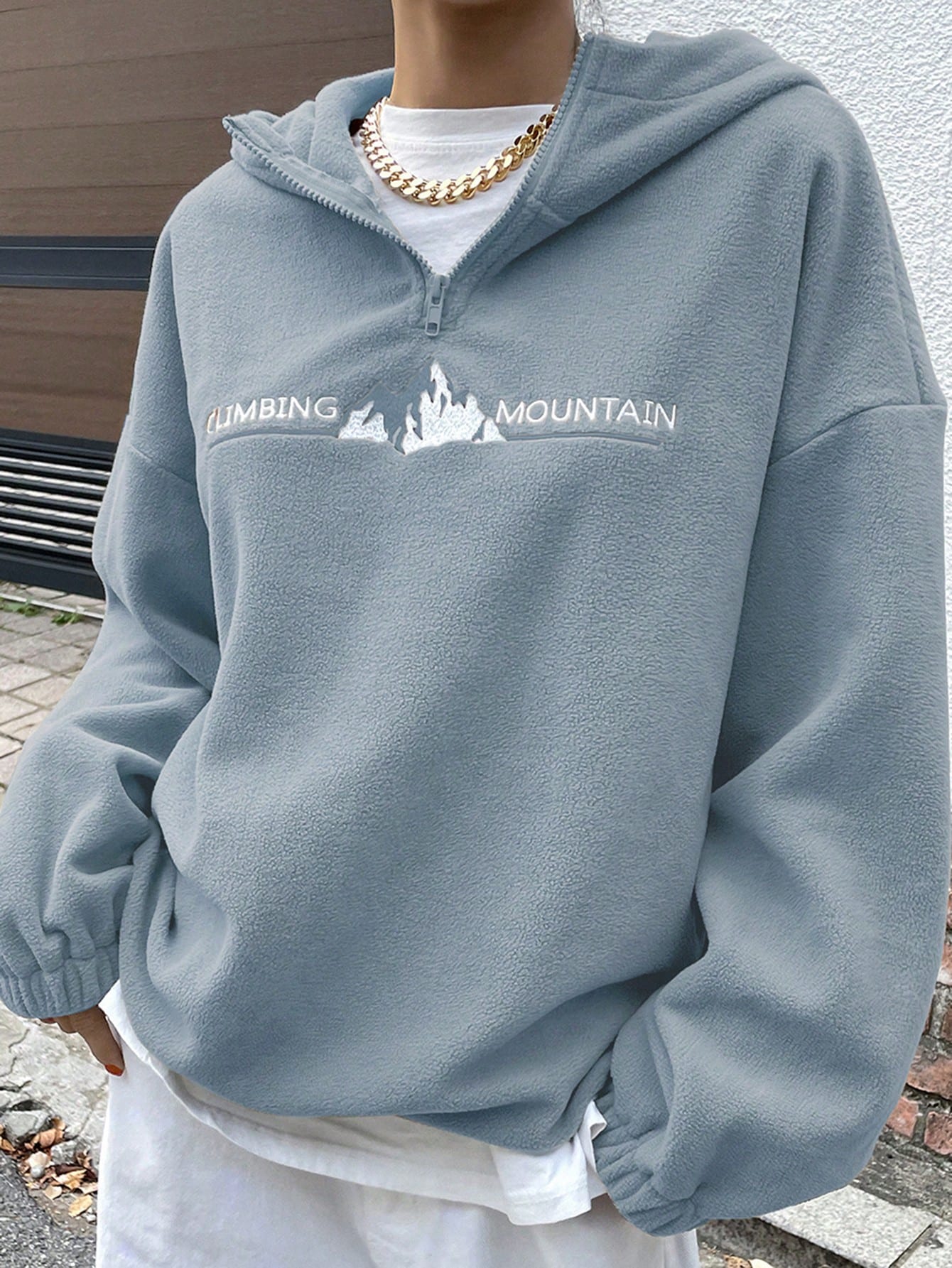 Letter Embroidery Drop Shoulder Quarter Zip Fleece Hoodie Without Tee