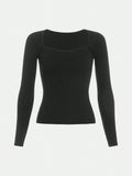 Teen Girl Solid Color Sweetheart Neck Ribbed Knit Sweater