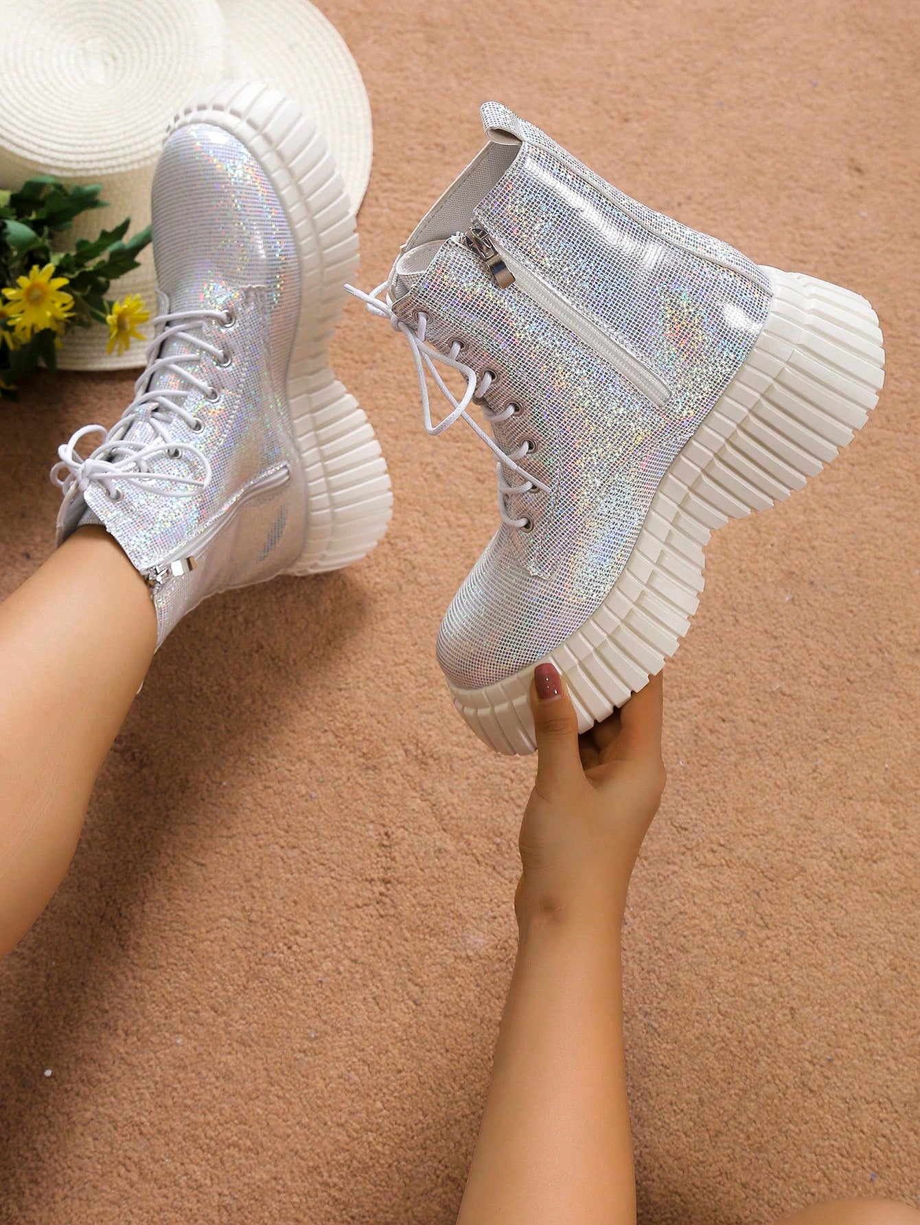 European & American Minimalist Fashion Chunky Mid-Heel Short Boots, Glitter Pink Motorcycle  Boots For Autumn & Winter