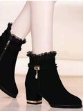 Black Suede Short Boots For Women With Chunky Heels, Sexy Lace, Rhinestones, Versatile Side Zipper Booties, Suitable For Parties And Formal Occasions