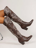 Fashionable Western Style Embroidered Boots With Square Toe And Chunky Heels, Cowboy Boots For Women