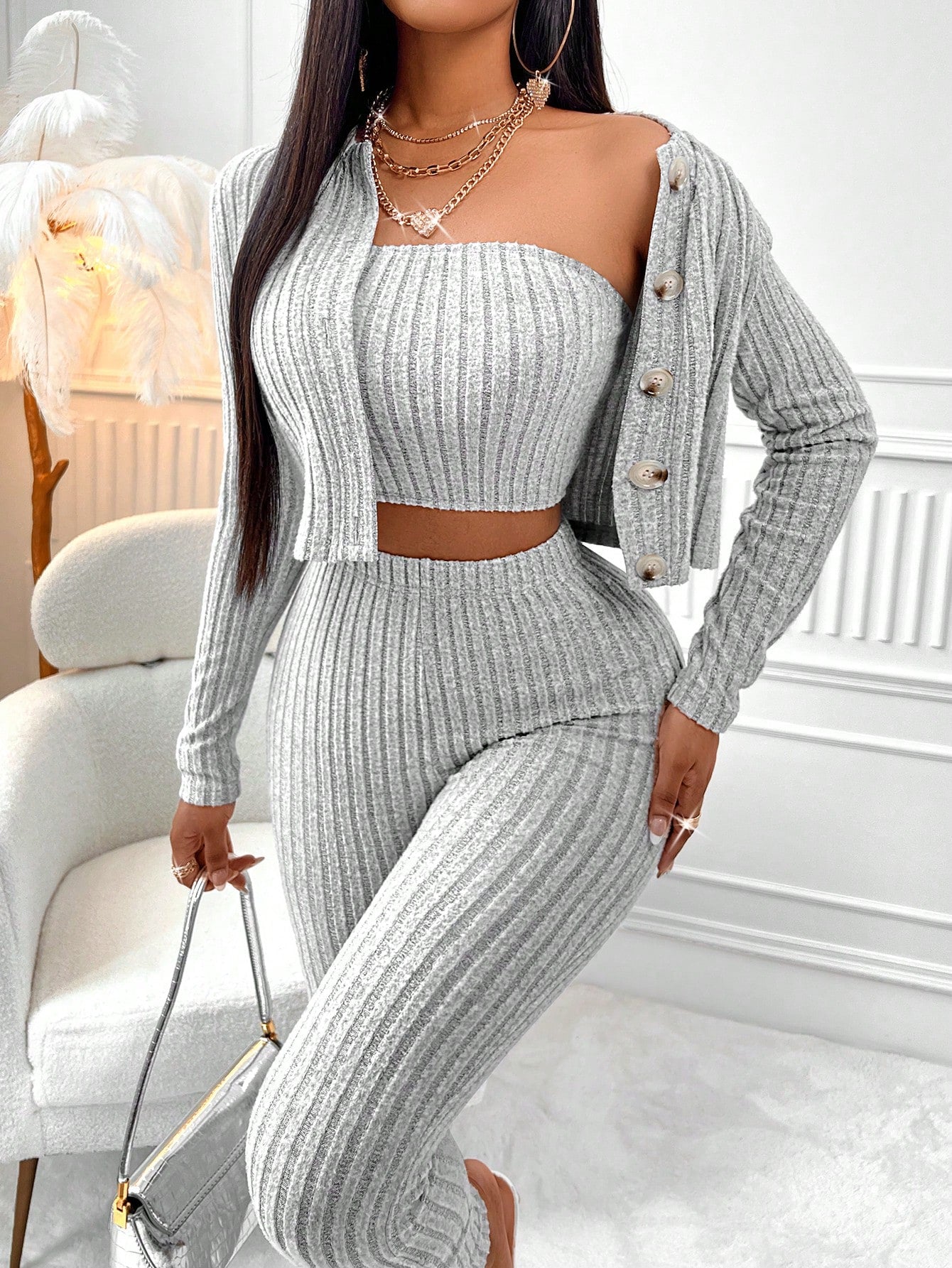 Solid Tube Top & Button Front Jacket & Leggings