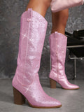 Rhinestone Pointy Toe Chunky Boots