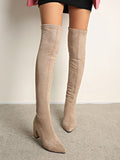Women's Knee-high Boots With Pointed Toe, Chunky Heel, And Back Zipper