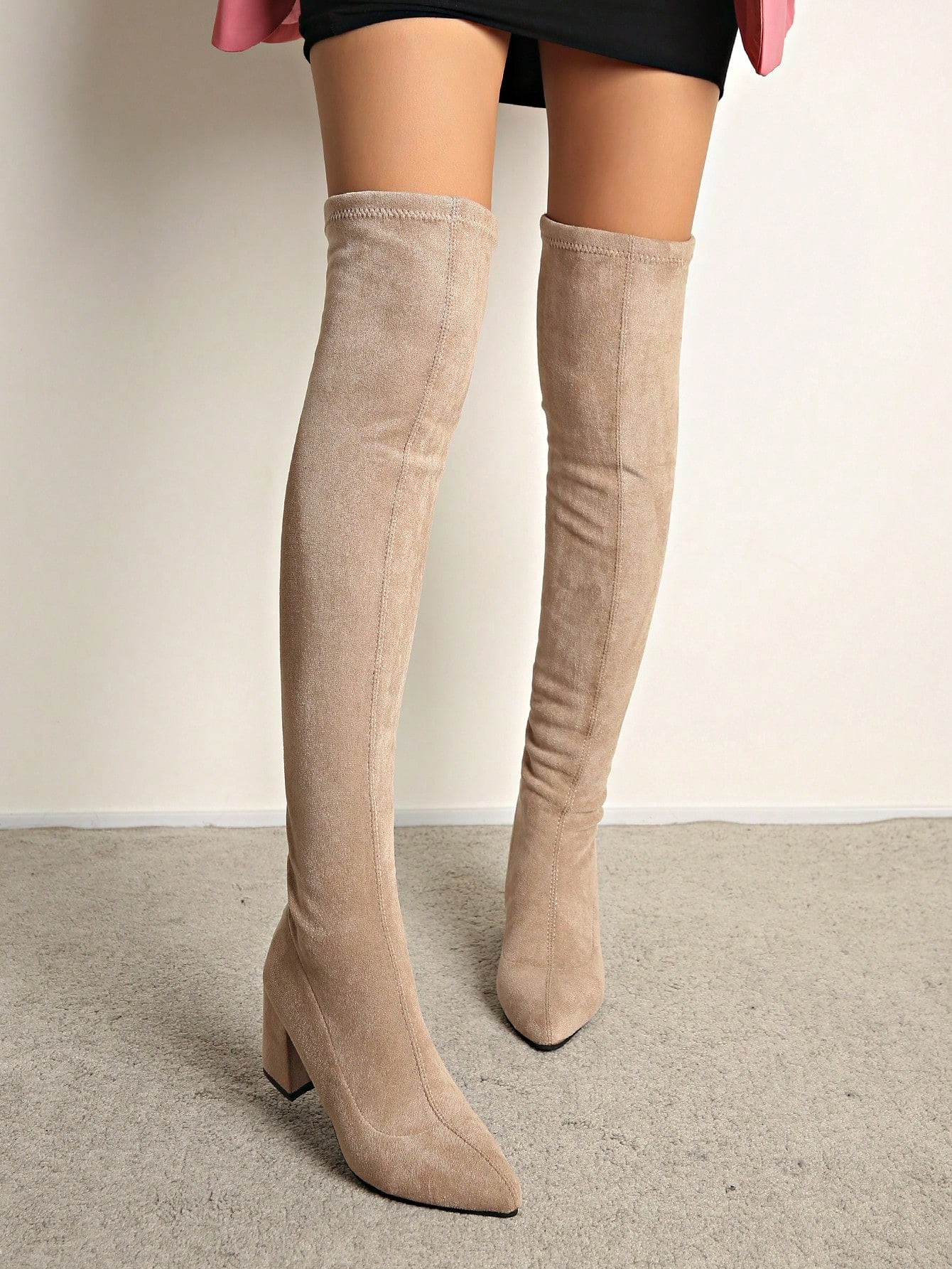 Women's Knee-high Boots With Pointed Toe, Chunky Heel, And Back Zipper
