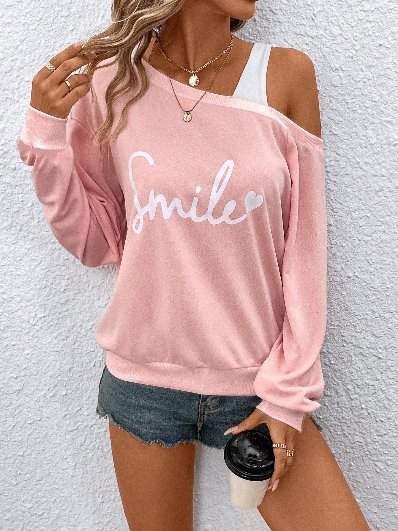 Frenchy Letter Graphic Asymmetrical Neck Sweatshirt