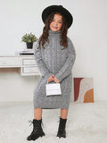Tween Girl Turtleneck Cable Knit Drop Shoulder Sweater Dress