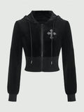 Goth Cross Print Velvet Zip Up Drawstring Hooded Jacket