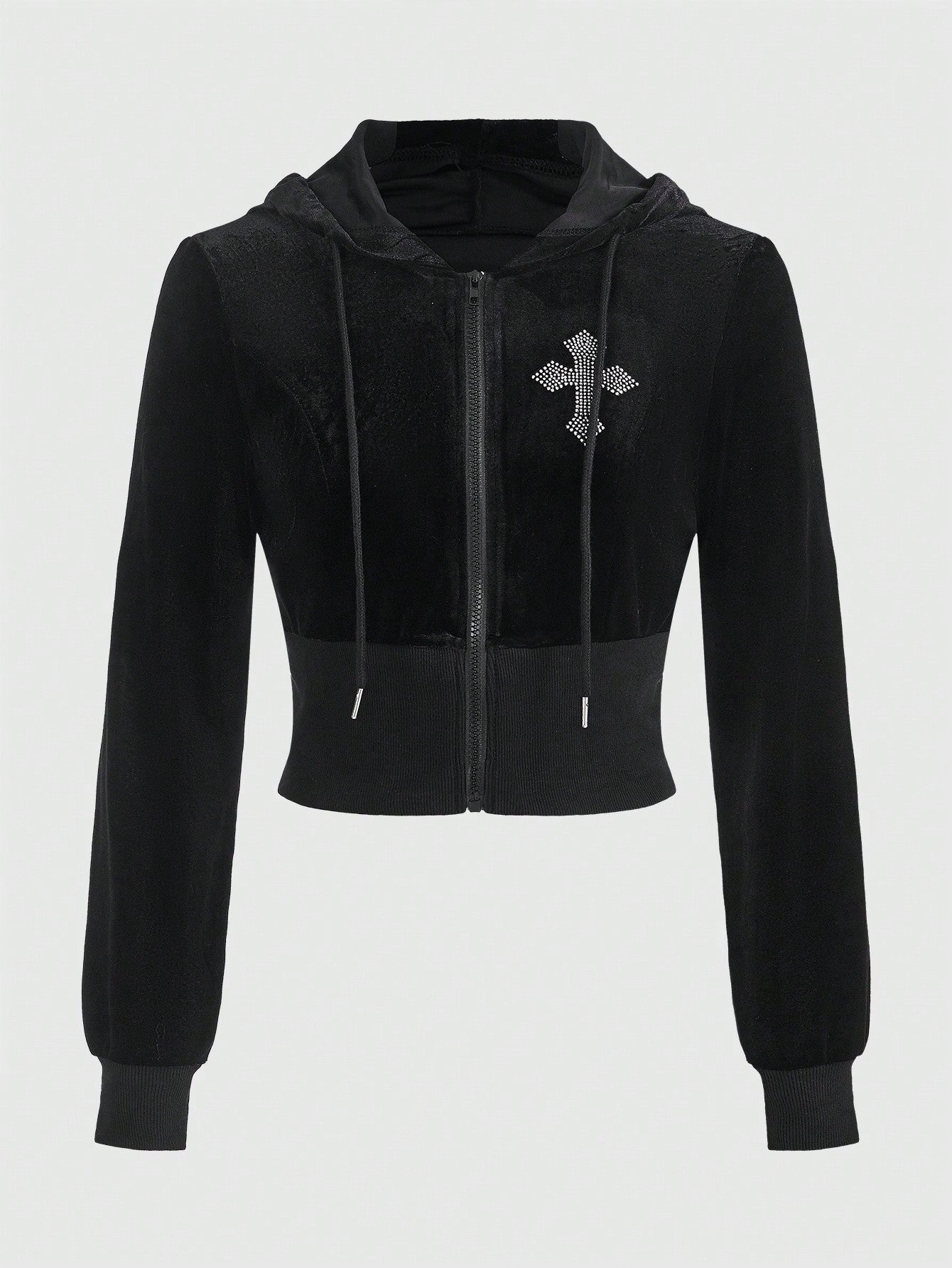 Goth Cross Print Velvet Zip Up Drawstring Hooded Jacket