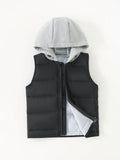 Young Boy 1pc Zipper Front Hooded Vest Puffer Coat